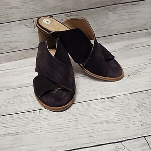 Anthropologie Criss-Cross Brown Suede Block Heel Slip-on Sandals Mules Sz 9